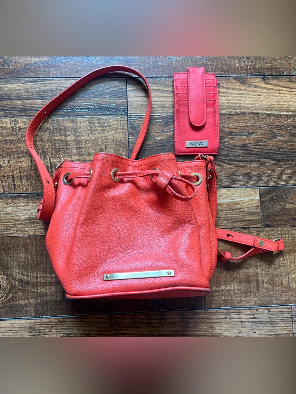 Brahmin Coral Red Leather Drawstring Shoulder Bucket Bag